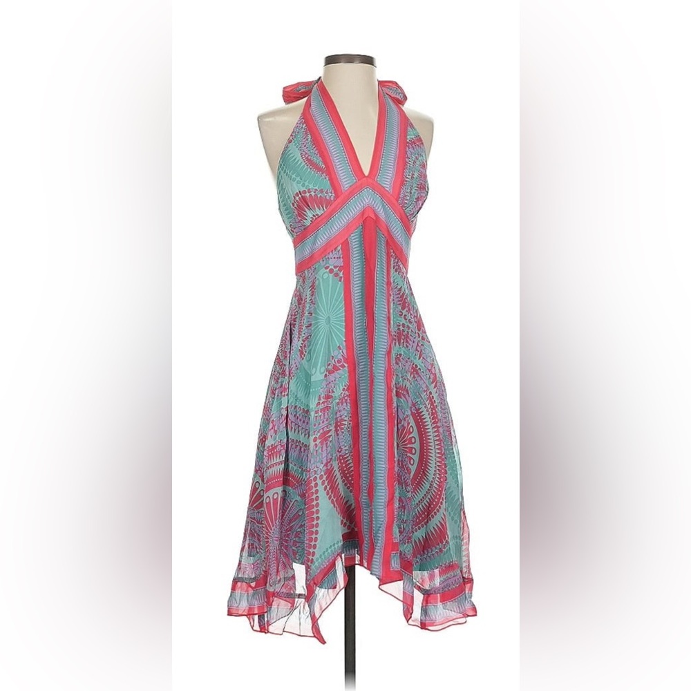 BCBGMaxAzria Halter Pink and Green Silk Cocktail Dress. Sz 4